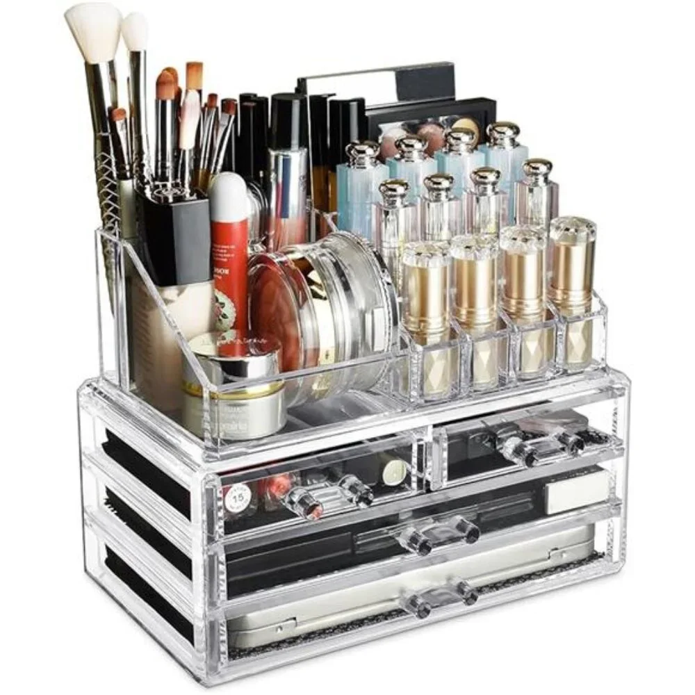 Acrylic Makeup Organizer with 4 Drawers and Removable Top Lipstick Holders